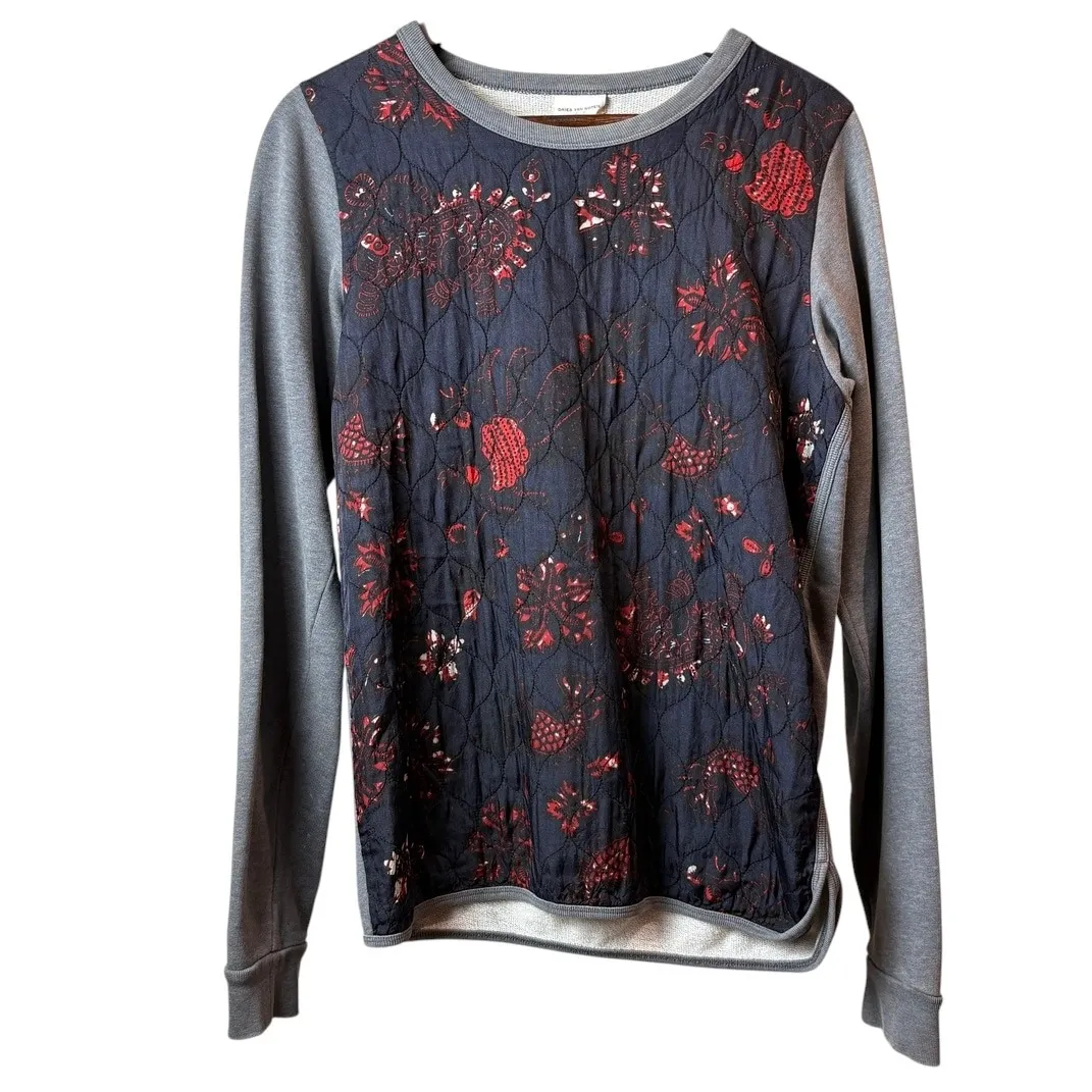 DRIES VAN NOTEN Quilted Floral Panel Sweatshirt Gray×Navy S